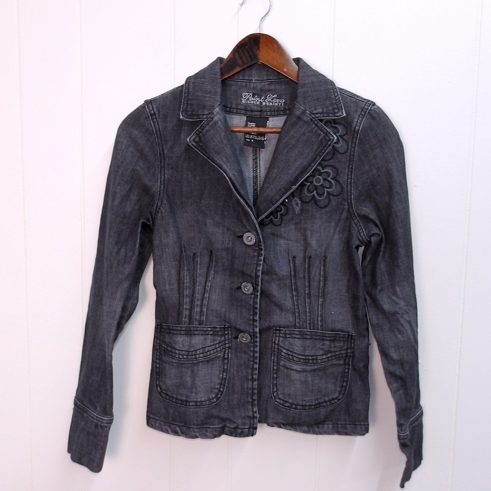 Point Zero Nicole Benisti Embellished Denim Jacket Blk Wash Fitted Small /#8073